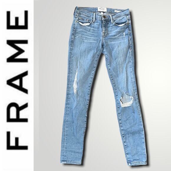 FRAME LE SKINNY DE JEANNE LIGHT WASH BOHO WESTERN DISTRESSED DENIM BLUE JEANS 26 - Picture 1 of 11